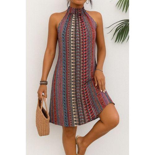 Kadın Kolsuz Boyundan Askılı Desenli Midi Süprem Elbise