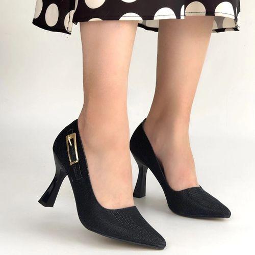 Cerin Siyah Saten Simli Topuklu Ayakkabı