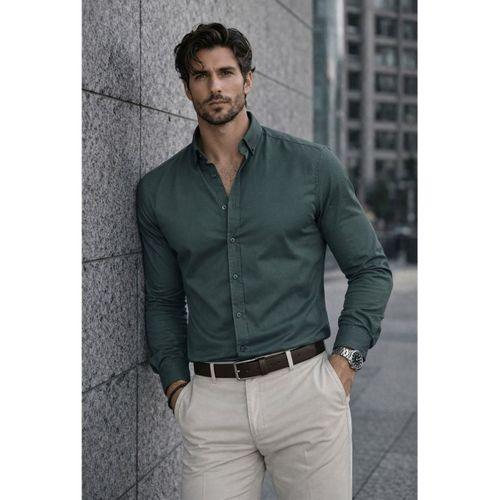 Likralı Regular Fit Nefes Alabilir Klasik Erkek Oxford Gömlek - Çam Yeşili