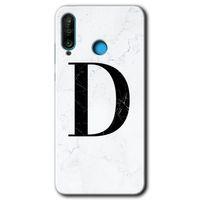 MRCİLETİSİM Huawei P30 Lite Kılıf HD Desen Baskılı Arka Kapak + Temperli Cam - Beyaz Mermer Desenli D Harfi
