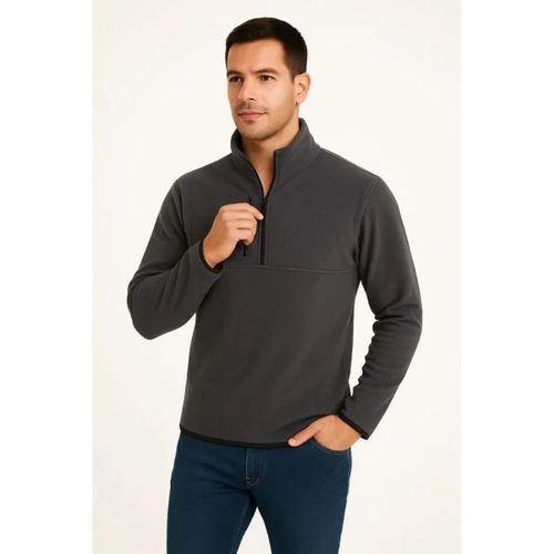 Erkek Polar Kazak Dik Yaka Yarım Fermuarlı Fermuarlı Göğüs Cepli Siyah Biyeli - Füme