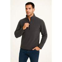 Erkek Polar Kazak Dik Yaka Yarım Fermuarlı Fermuarlı Göğüs Cepli Siyah Biyeli - Füme