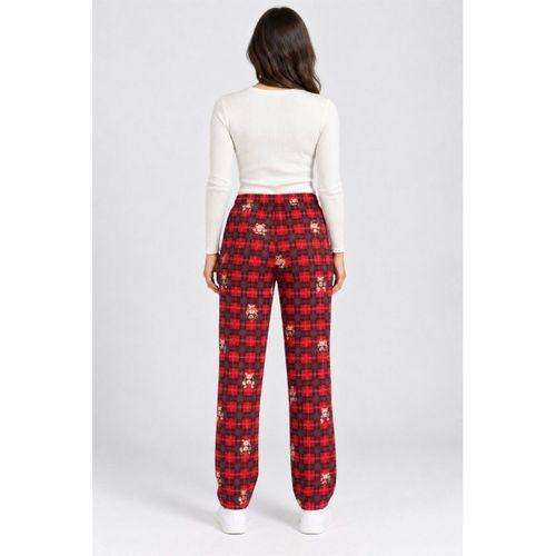 Kadın Tek Alt Pijama Pantolonu - Ekose Ve Ayıcık Desenli Cepli, Kırmızı