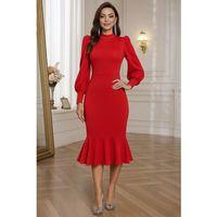 Kadın Uzun Kollu Yarı Balıkçı Yaka Etek Ucu Fırfır Detaylı Midi Ithal Krep Elbise