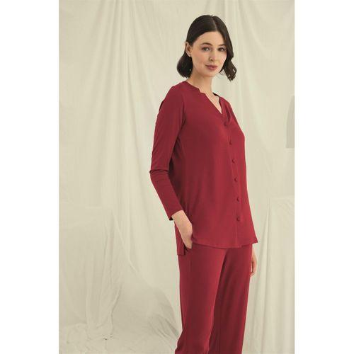 Uzun Kollu Düğmeli V Yaka Pijama Takımı