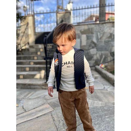 3-4-5 Yaş Fitilli Kadife Pantolon Kapitone Kapşonlu Yelek Uzun Kollu Sweat 3lü Erkek Çocuk Takımı Gri