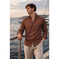 Scott – Soft Dokulu Yarım Oversize Modern Keten Görünümlü Erkek Gömlek- Kahve