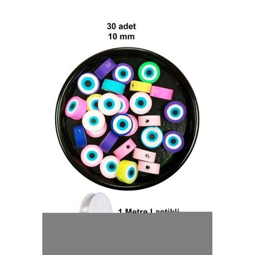 30 Adet 10 mm Polimer Kil Fimo Boncuk Takı Bileklik + 1 Metre Lastikli Misina Hediye - Nazar Boncuğu