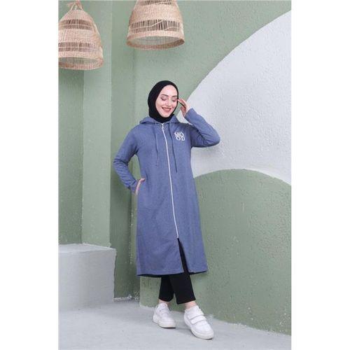 Yazı Baskılı Fermuarlı Kapşonlu Uzun Sweat - 03081.006 - İndigo