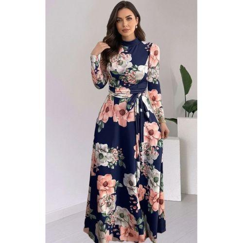 Kadın Uzun Kollu Yuvarlak Yakalı Beli Kuşaklı Desenli Süprem Uzun Elbise