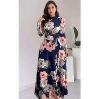 Kadın Uzun Kollu Yuvarlak Yakalı Beli Kuşaklı Desenli Süprem Uzun Elbise