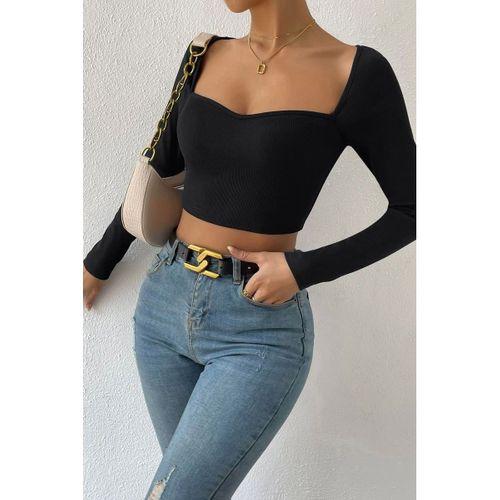 Kadın Siyah Modern Fit Uzun Kol Göğüs Dekolteli Şık Crop Top Bluz
