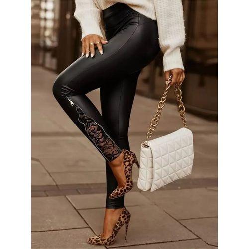 Kadın Yüksek Bel Yandan Yırtmaçlı Dantel Detaylı Deri Tayt