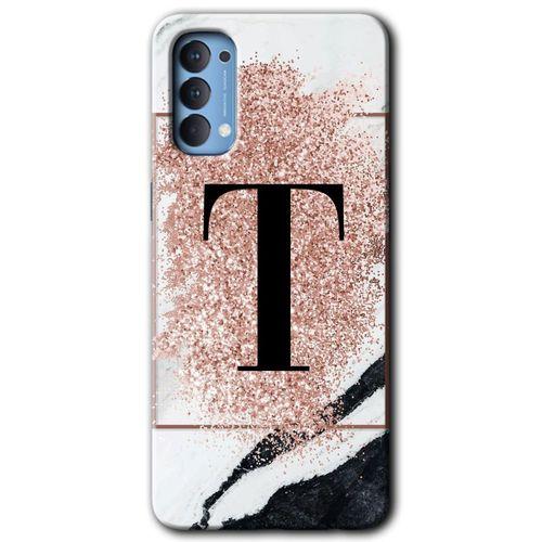 Oppo Reno 4 HD Baskılı Kılıf + 9D Tam Ekran Koruyucu - Pembe Mermer Desenli T Harfi