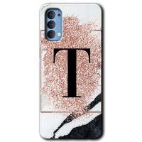 Oppo Reno 4 HD Baskılı Kılıf + 9D Tam Ekran Koruyucu - Pembe Mermer Desenli T Harfi