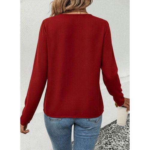 Kadın Uzun Kollu V Parlak Yaka Detaylı Viskon Bluz