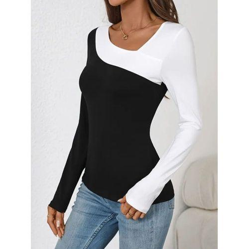 Kadın Uzun Kollu Geometrik Yaka Detaylı çift Renkli Viskon Bluz