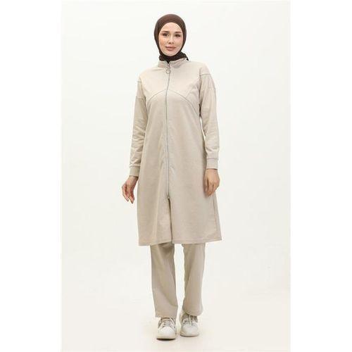Göğüsten Detaylı Fermuarlı Sade Basic Eşofman Spor İkili Takım - 03063.027 - Ekru