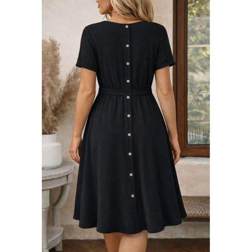 Kadın Kısa Kollu Yuvarlak Yaka Arkadan Düğmeli Viskon Midi Elbise