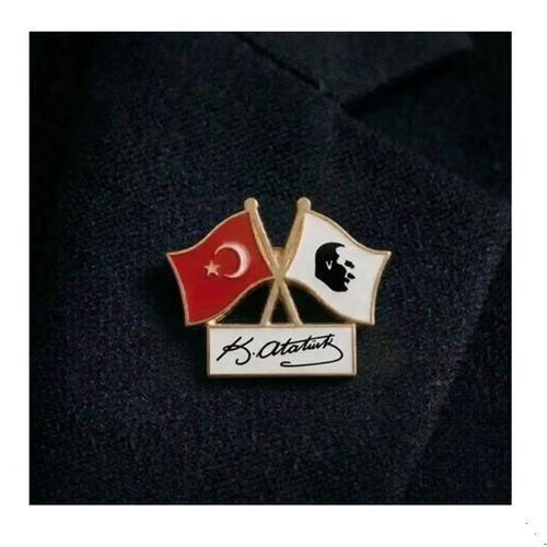 İkili Bayraklı Türk Bayrağı Atalı İmzalı Yaka Rozeti - 2 adet