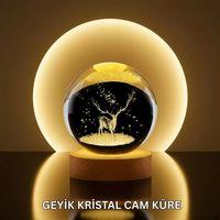 Doğal Ahşap Standlı Geyik Figürlü Kristal Küre Led Dekoratif Lamba