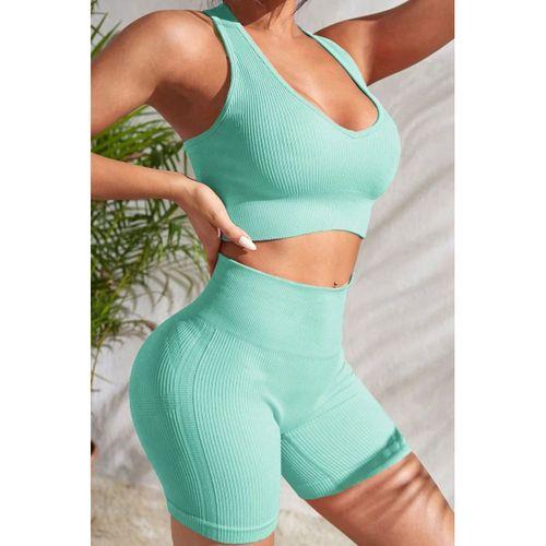Kadın Açık Mavi Fit Görünümlü Yüksek Bel Spor Crop Top Şort Takımı