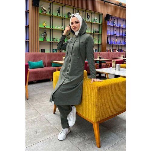 Kapşonlu Düğmeli Sade Basic Uzun Tunik ve Pantolon İkili Spor Takım - 03072.005 - Haki