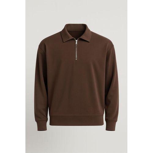 Scuba Modal Kumaş Relaxed Fit Yarım Fermuarlı Polo Yaka Erkek Sweatshirt - Kahve