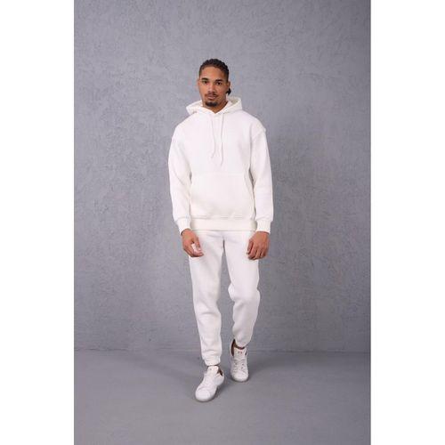 Şardonlu Kanguru Cepli Sweatshirt - 3 İplik Şardonlu Lastik Paça Erkek Eşofman Altı- Eşofman Takımı - Ekru