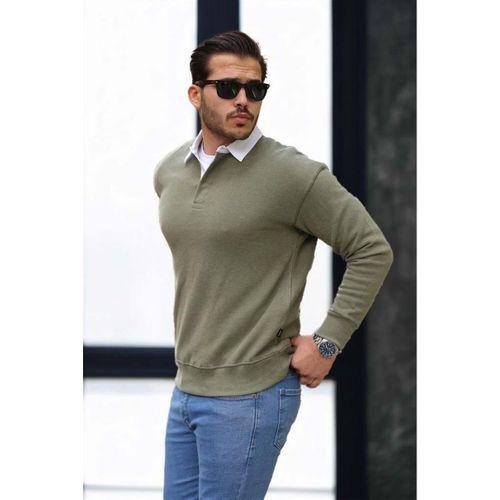 Polo Yaka Selanik Örme Kumaş Erkek Sweatshirt - Açık Haki