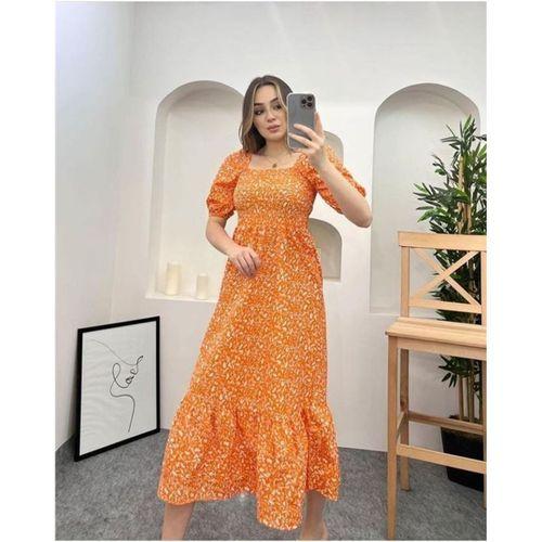 TURUNCU KARE YAKA BALON KOL ÇİÇEKLİ ELBİSE