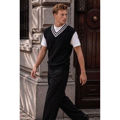 Oxford Relaxed Fit Şerit Yakalı Saç Örgülü V Yaka Erkek Triko Süveter - Siyah
