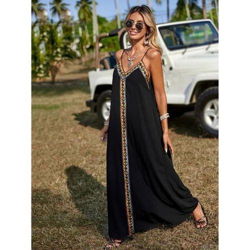 Kadın Askılı V Yakalı Etnik şerit Detaylı Uzun Viskon Elbise