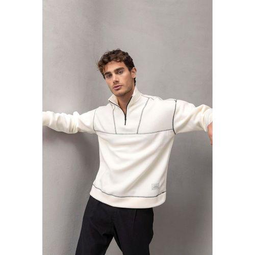 Crowe Çizgi Şeritli Oversize Yarım Fermuar Polar Erkek Sweatshirt - Ekru