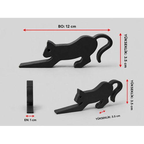 Siyah Esneyen Kedi Figürlü Kama Formlu Dekoratif Kapı Stoperi Modern Kapı Tutucu