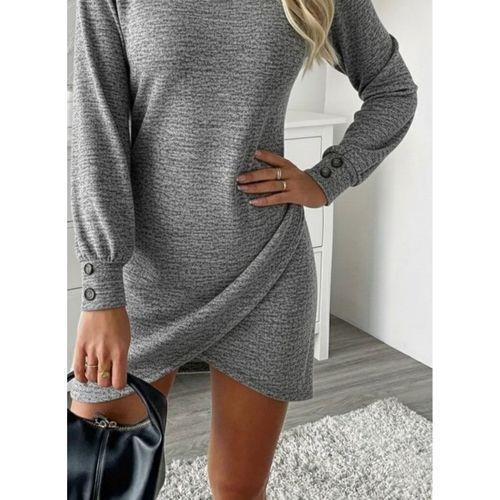 Kadın Uzun Kollu Bisiklet Yaka önden Asimetrik Kesim Detaylı Mini Yumoş Elbise