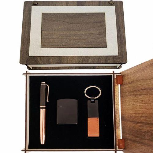 Özel Ahşap Kutulu Bakır Roller Kalem, Anahtarlık Ve Çakmak Set