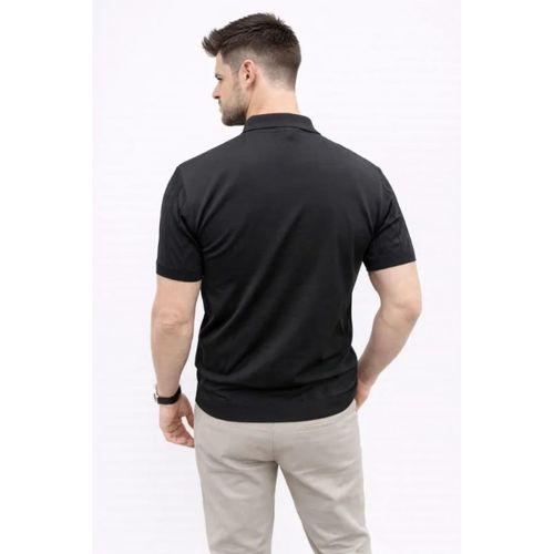 Erkek Yazlık Triko Tişört Kısa Kol Polo Yaka Düğmeli T-Shirt - Siyah