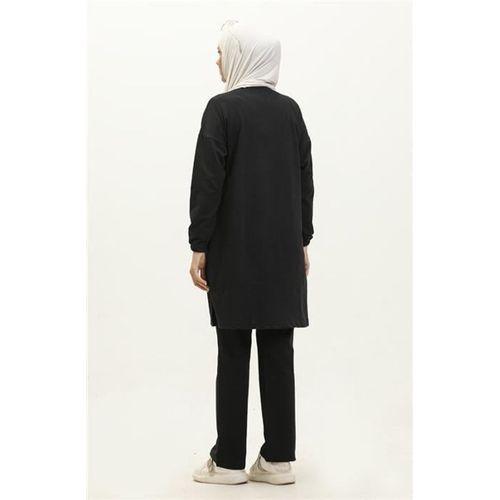 Yırtmaçlı Bisiklet Yaka Sade Basic Eşofman Spor İkili Takım - 03060.003 - Siyah