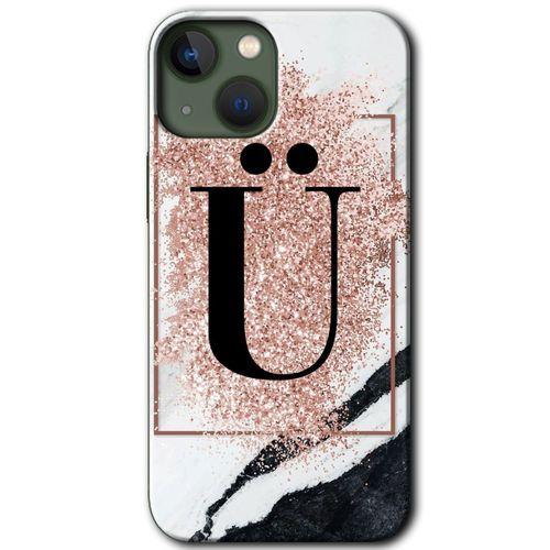 iPhone 13 Mini HD Baskılı Kılıf + 9D Tam Ekran Koruyucu - Pembe Mermer Desenli Ü Harfi