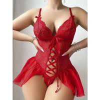 Kırmızı Dantel Detaylı Önü Dekolteli Fantezi Babydoll