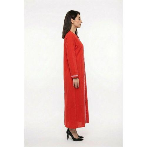 Uzun Kol Mihrimah Nakışlı Yazlık Şile Bezi Ferace Kırmızı Krmz