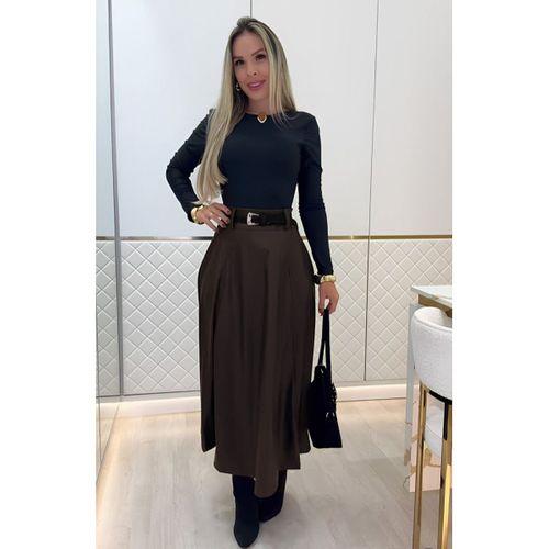 Kadın Yüksek Belli Maxi Deri Kemersiz Etek