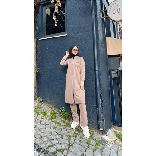 Fermuarlı Uzun Tunik Pantolon Spor İkili Takım - 03058.016 - Vizon