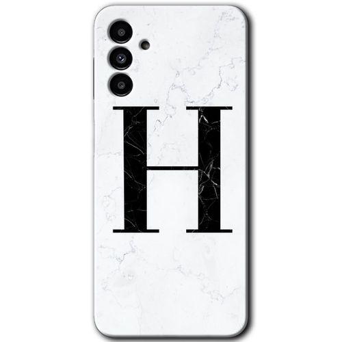 Samsung Galaxy M23 Kılıf Baskılı Kapak - Beyaz Mermer Desenli H Harfi + 5D Tam Kaplayan Cam