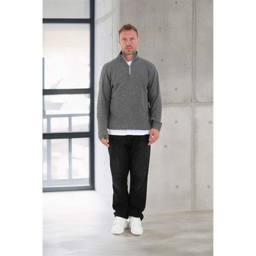 Nolan Oversize Selanik Örgü Yarım Fermuar Erkek Triko Kazak - Füme