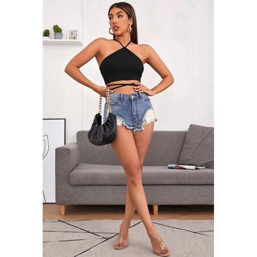 Kadın Siyah Sırtı Açık Boyundan Çapraz Bağlamalı Crop Top Bluz