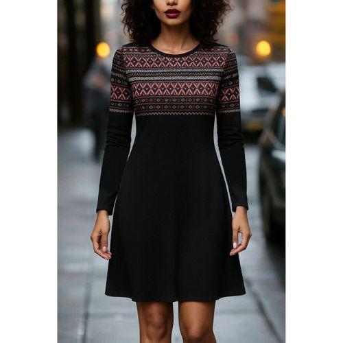 Kadın Uzun Kollu Bisiklet Yaka Etnik Desenli Kısa şardonlu Dalgıç Elbise
