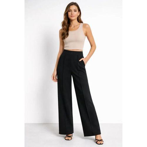 Yüksek Bel Palazzo Pantolon Çima Dikişli Bol Paça Akıcı Kumaş Günlük Ve Ofis Şıklığı - Siyah