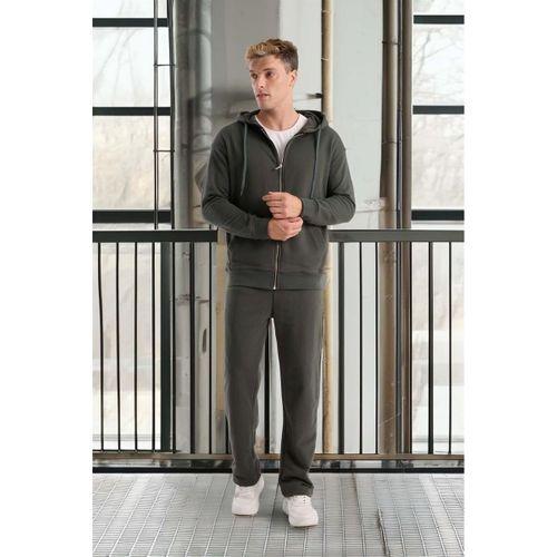 Haneke Regular Kalıp Diagonal 3 İplik Fermuarlı Kapüşonlu Erkek Sweatshirt - Çam Yeşili
